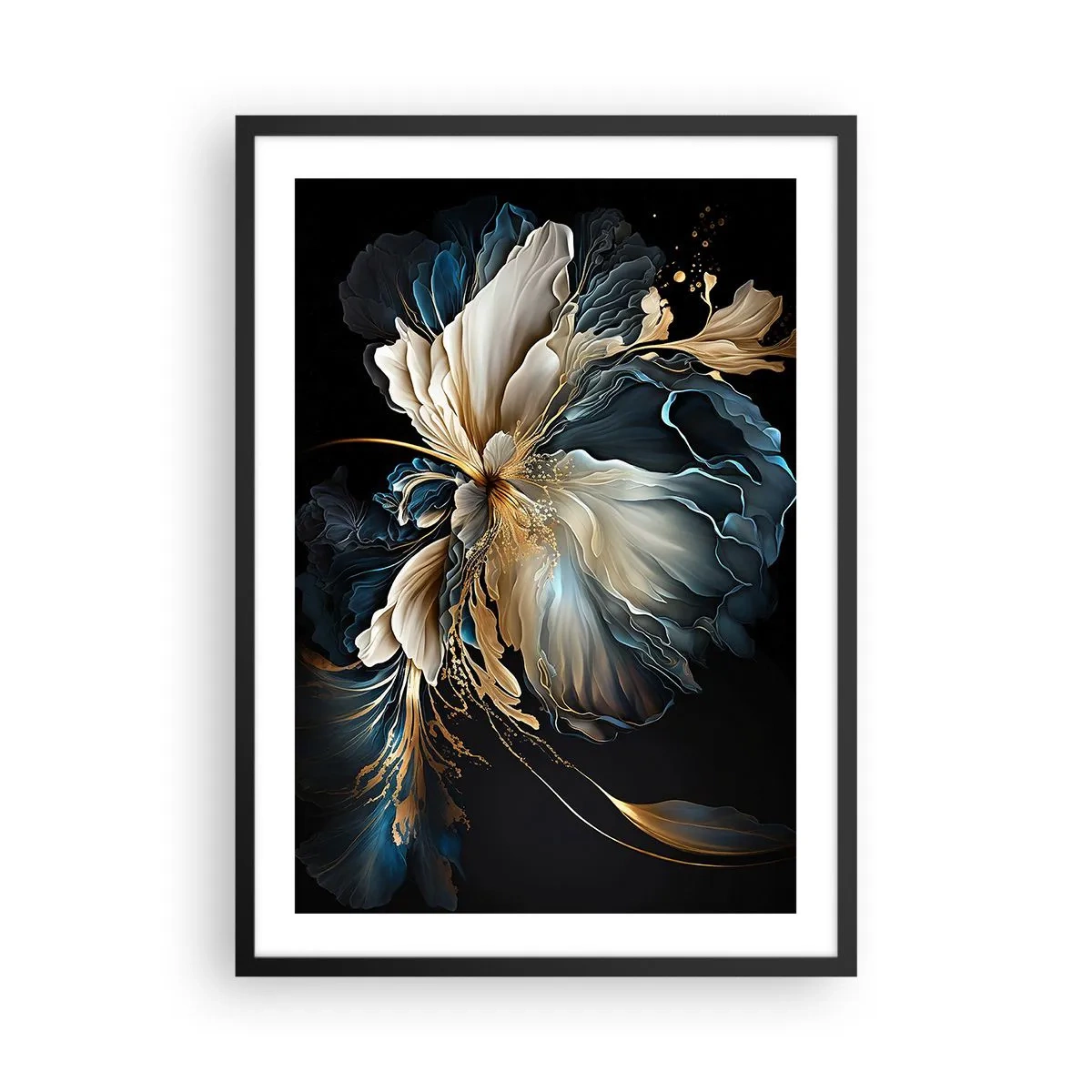 Poster în ramă neagră - Un aranjament floral abstract elegant în auriu și albastru marin. - 50x70cm - Povestea unei flori de iubire - Decorațiune modernă pentru perete pentru living și dormitor ARTTOR