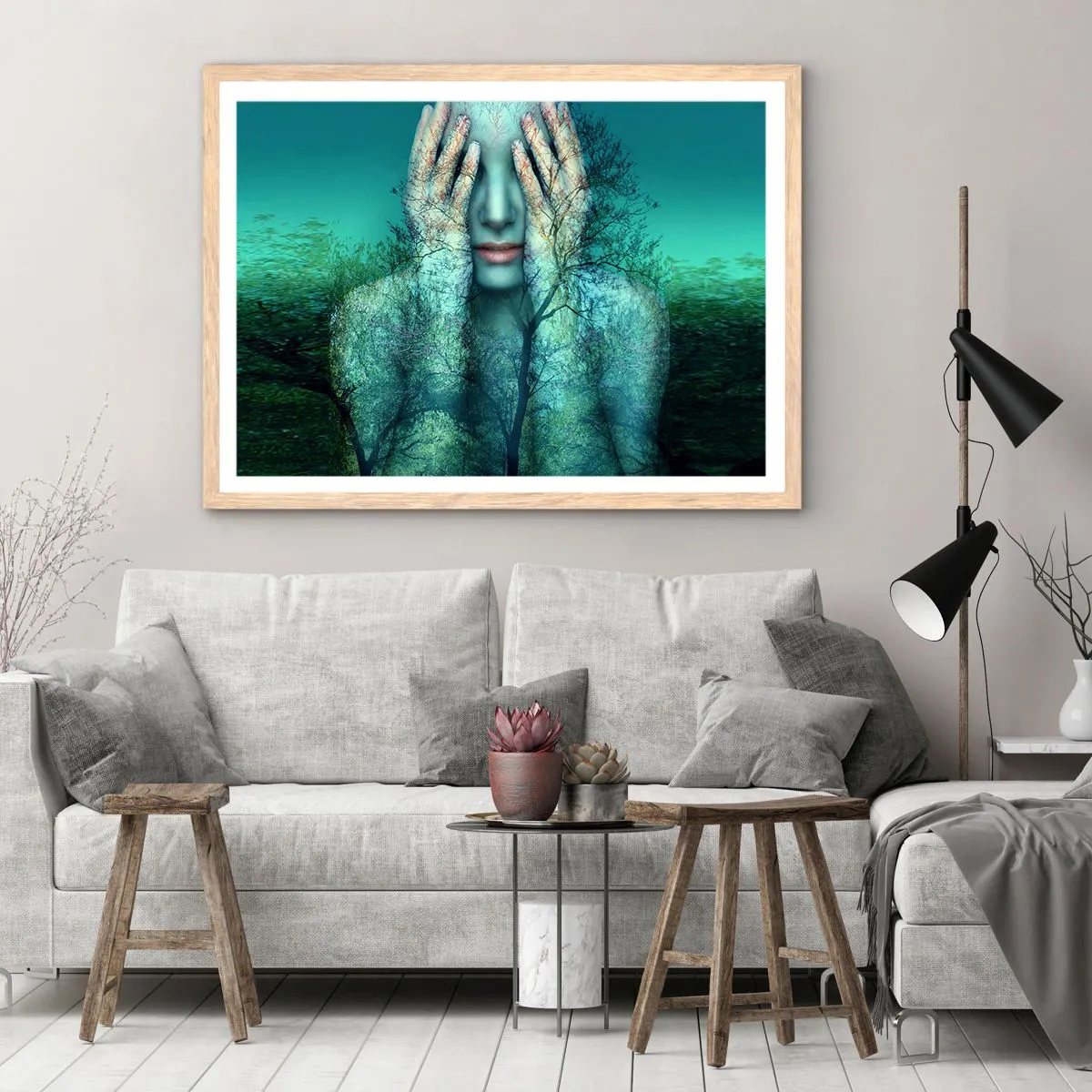 Poster în ramă de stejar deschis - Scufundată în albastru - 100x70 cm