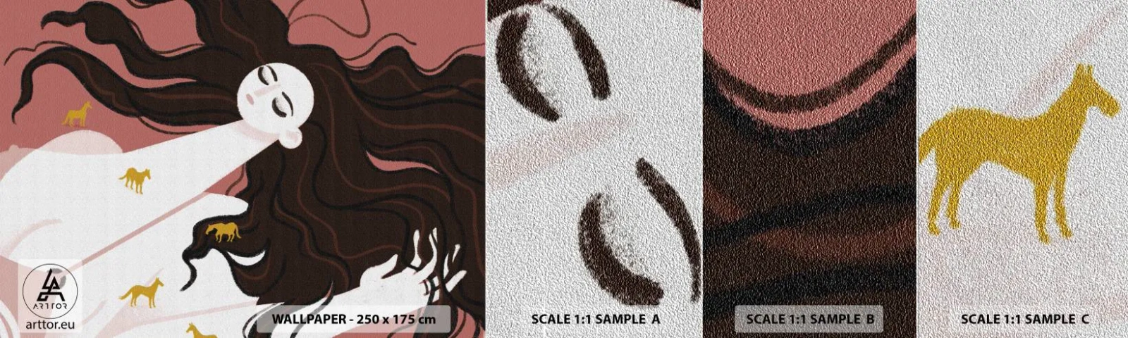 Mostră tapet Premium Sand - Visul despre calul de aur - Femeie, Portret, Minimalism - 100x30 cm