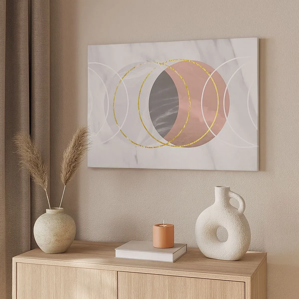 Tablou pe pânză Canvas - Compoziție geometrică abstractă cu cercuri și detalii metalice - 70x50cm - Muzica sferelor - Decorațiune modernă pentru perete pentru living și dormitor ARTTOR
