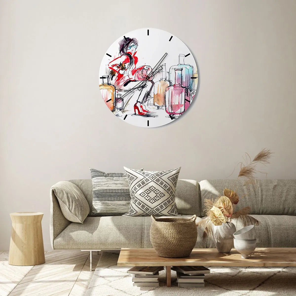 Ceas de perete - Ceas pe sticlă - O femeie într-o haină roșie, înconjurată de valize și accesorii de călătorie. - 30x30cm - Să ne așezăm înainte de călătorie - Decorațiune modernă pentru perete pentru living, bucătărie și dormitor ARTTOR
