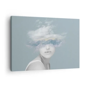Tablou pe pânză Canvas - Portretul unei femei cu fața ascunsă în spatele norilor și valurilor - 70x50cm - Cu capul în nori - Decorațiune modernă pentru perete pentru living și dormitor ARTTOR