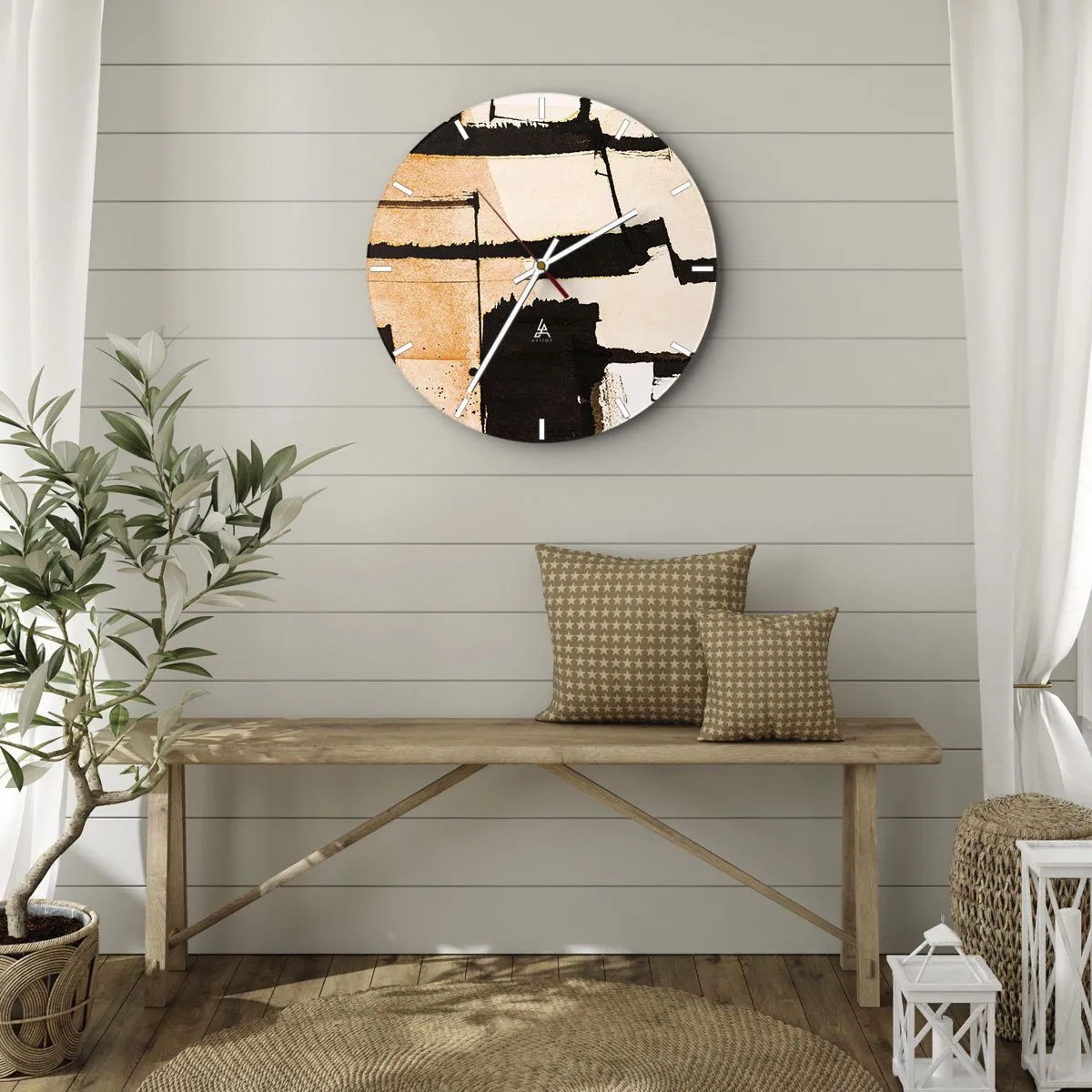 Ceas de perete - Ceas pe sticlă - Compoziție geometrică abstractă în bej și negru - 30x30cm - Cu toate acestea, ordinea - Decorațiune modernă pentru perete pentru living, bucătărie și dormitor ARTTOR