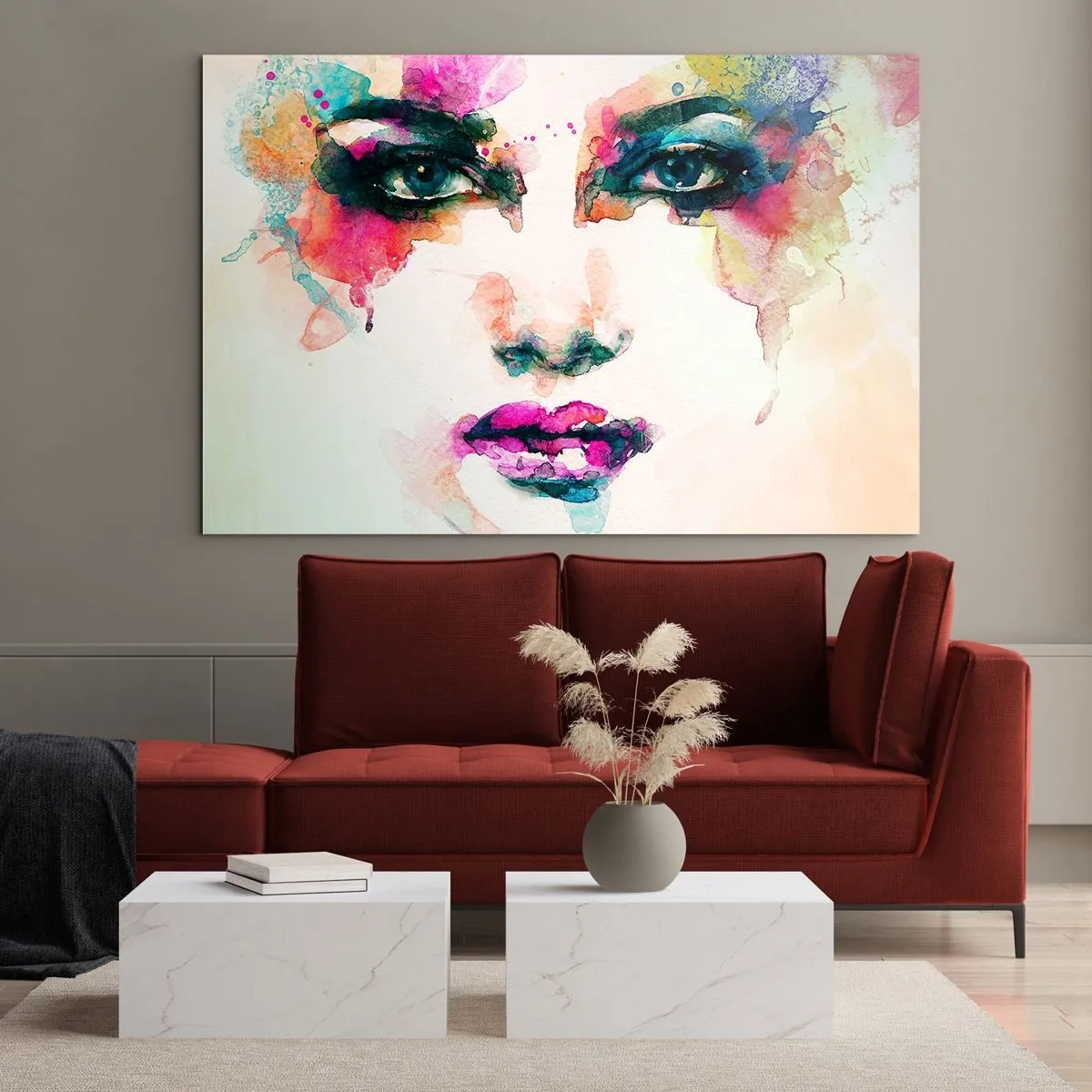 Tablou pe sticlă - Portret de femeie în culori și detalii de acuarelă - 70x50cm - Portret pictat cu un curcubeu - Decorațiune modernă pentru perete pentru living și dormitor ARTTOR