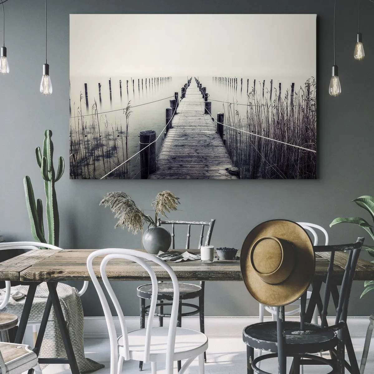 Tablou pe pânză Canvas - Un pod de lemn care duce într-un spațiu încețoșat - 70x50cm - Scufundă-te în pace - Decorațiune modernă pentru perete pentru living și dormitor ARTTOR