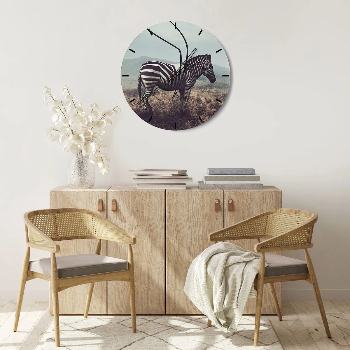 Ceas de perete - Ceas pe sticlă - O zebră într-un cadru natural pe fundalul savanei - 30x30cm - Atenție! Defecțiune - Decorațiune modernă pentru perete pentru living, bucătărie și dormitor ARTTOR