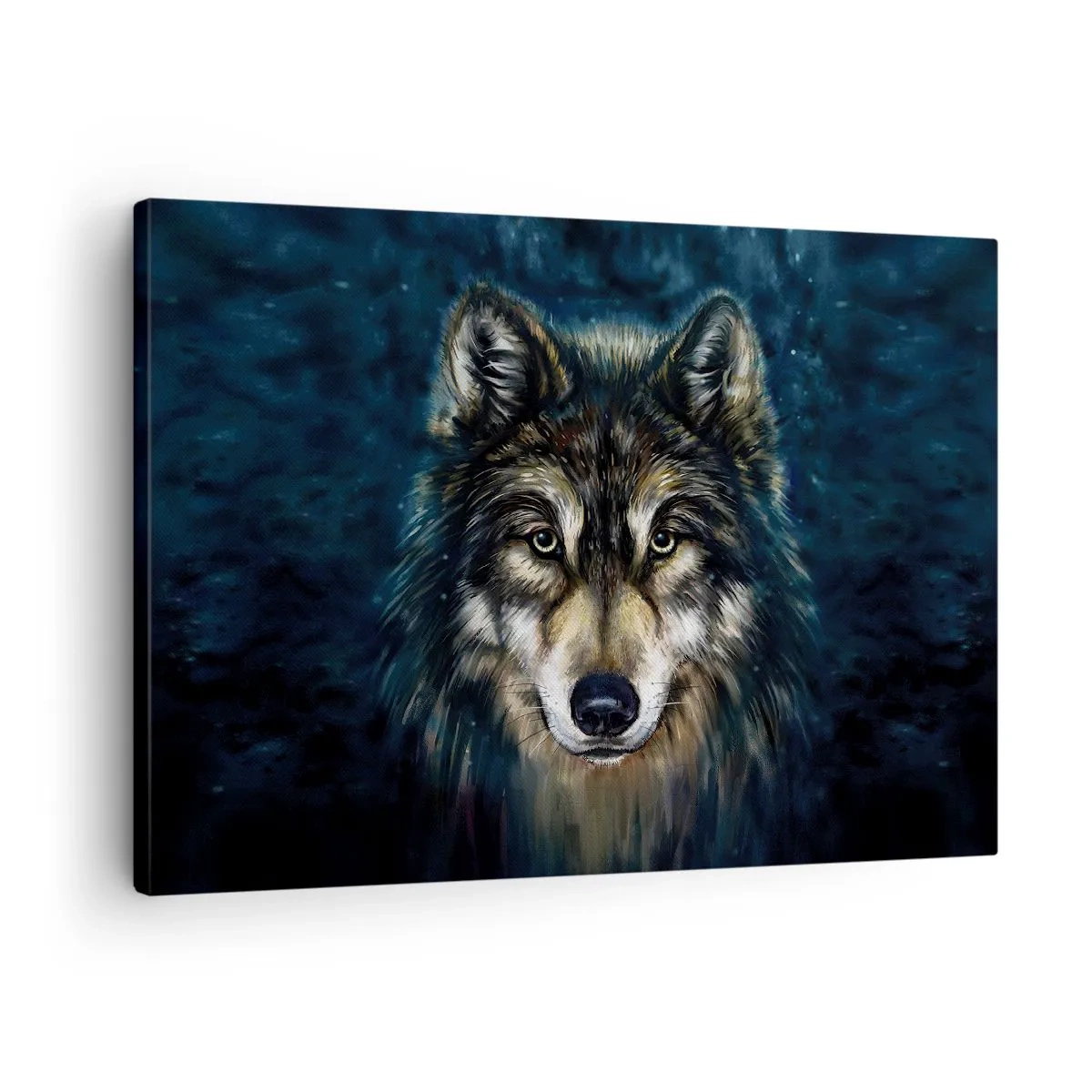 Tablou pe pânză Canvas - Portretul unui lup pe un fundal albastru închis - 70x50cm - Alfa? Și omega - Decorațiune modernă pentru perete pentru living și dormitor ARTTOR