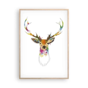 Poster în ramă de stejar deschis - Cerb blând scăldat în culoare - 70x100 cm