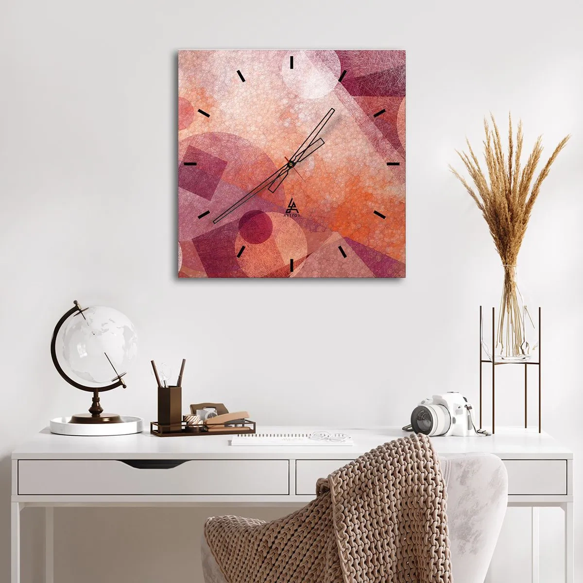 Ceas de perete - Ceas pe sticlă - Transformări geometrice în roz - 40x40 cm