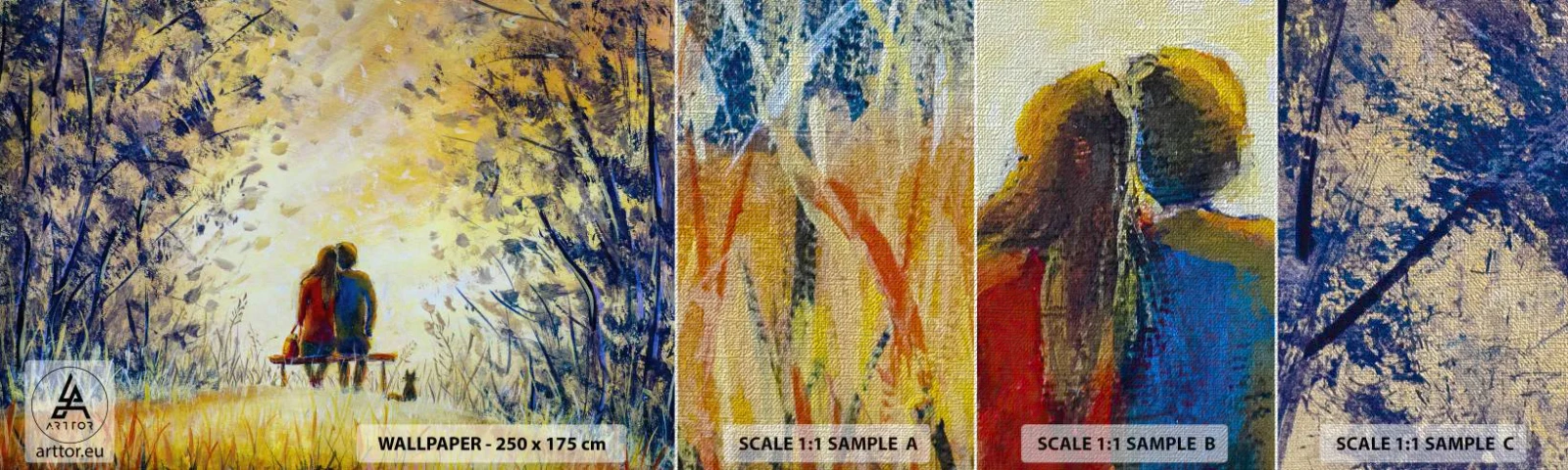 Mostră tapet Premium Canvas - Un moment magic - Un cuplu de îndrăgostiți, Parc, Natură - 100x30 cm