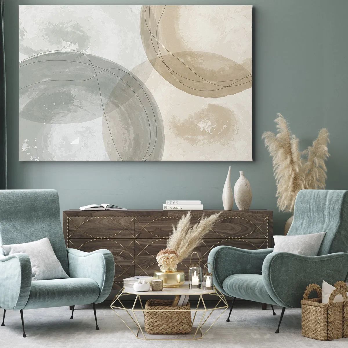 Tablou pe pânză Canvas - Compoziție abstractă în culori pastelate cu linii - 70x50cm - Întrepătrunderea lumilor - Decorațiune modernă pentru perete pentru living și dormitor ARTTOR