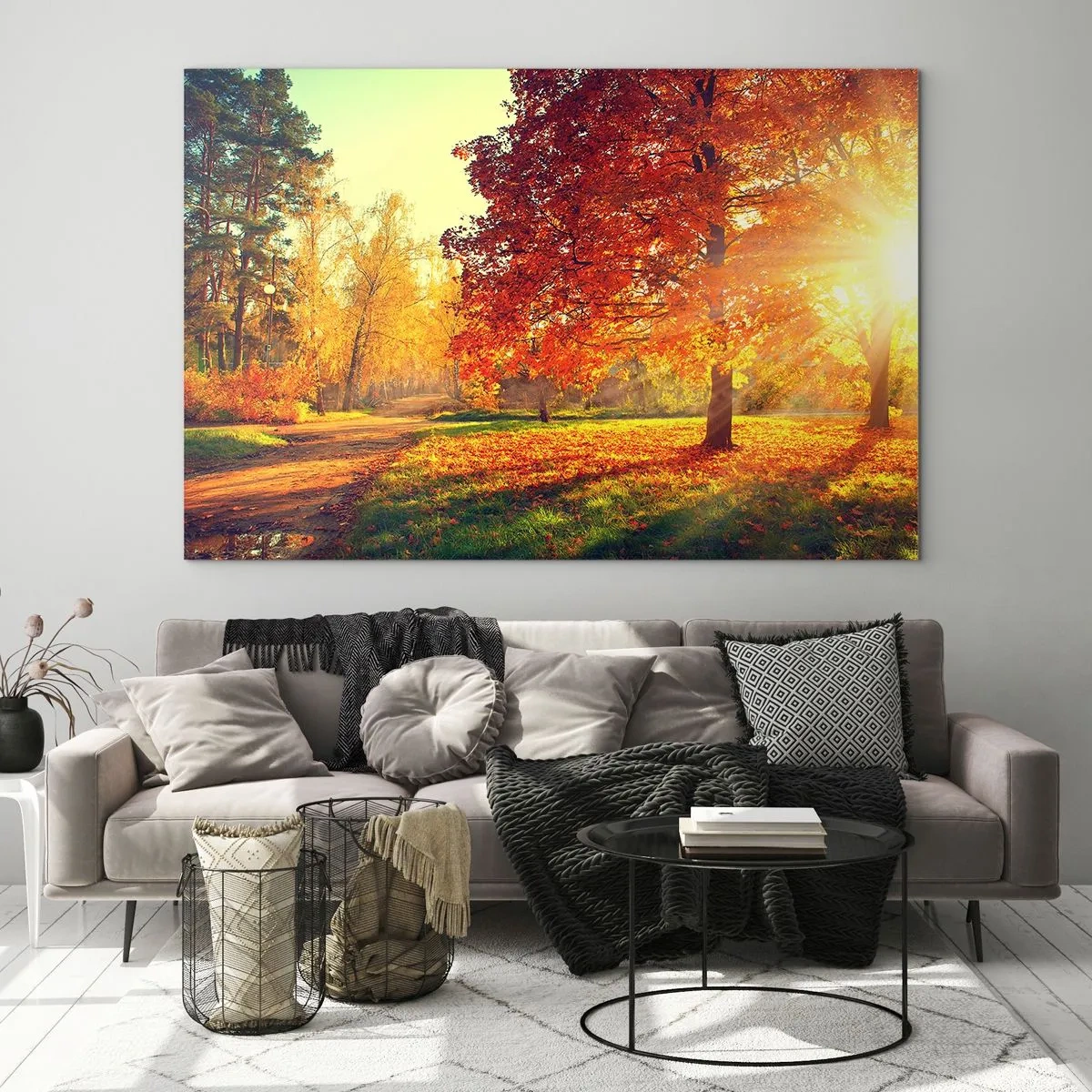 Tablou pe sticlă - Alee de toamnă cu raze de soare - 70x50cm - Roșcatul este frumos - Decorațiune modernă pentru perete pentru living și dormitor ARTTOR