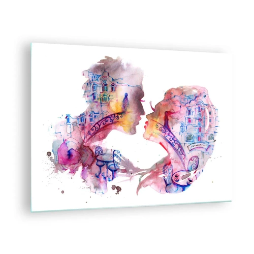 Tablou pe sticlă - Ilustrație a unui portret abstract a două persoane în formă de inimă - 70x50cm - Podul secret al suspinelor - Decorațiune modernă pentru perete pentru living și dormitor ARTTOR