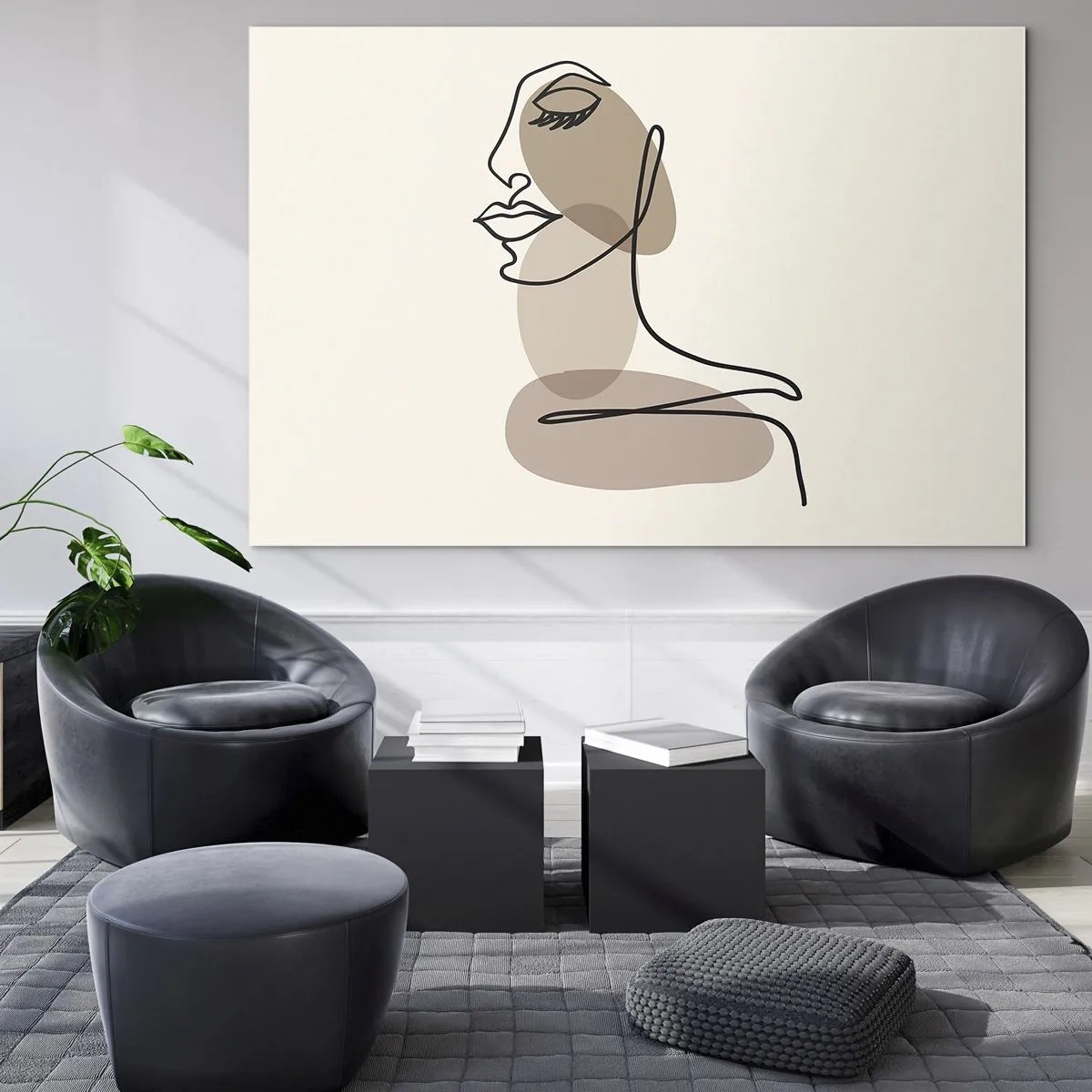 Tablou pe sticlă - Un portret feminin minimalist realizat cu o linie continuă. - 70x50cm - O anumită linie de frumusețe - Decorațiune modernă pentru perete pentru living și dormitor ARTTOR