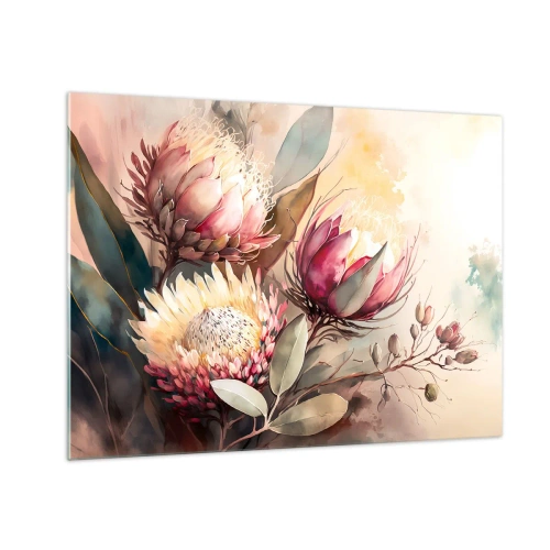 Tablou pe sticlă - Flori de Protea în culori pastelate pe un fundal artistic - 70x50cm - Profil și en face - Decorațiune modernă pentru perete pentru living și dormitor ARTTOR