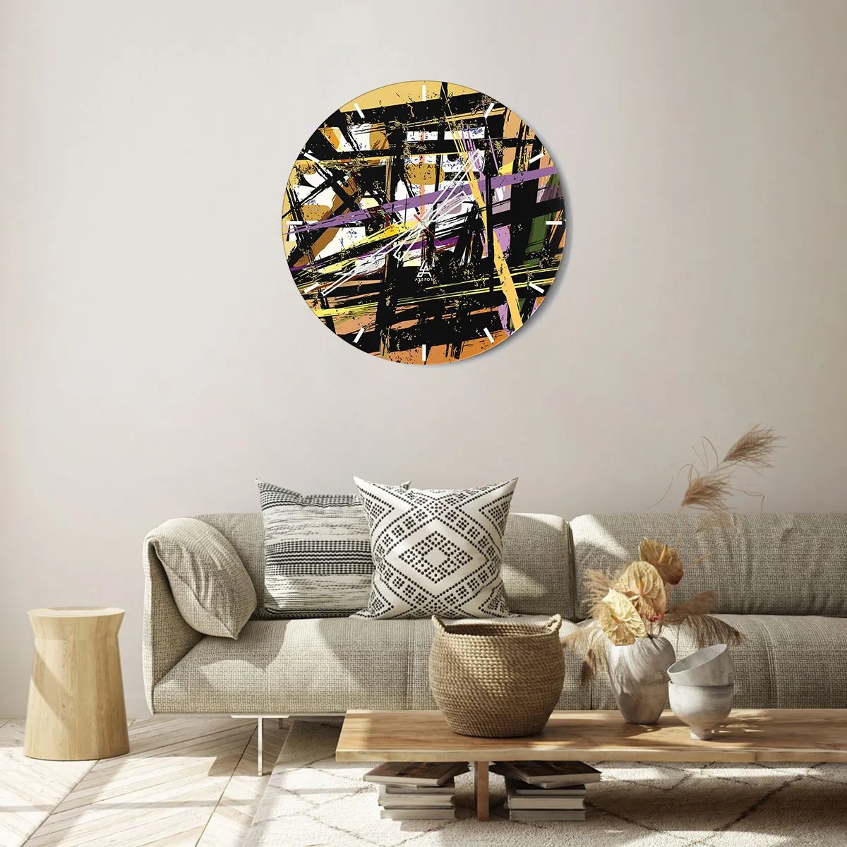 Ceas de perete - Ceas pe sticlă - Linii și forme abstracte dinamice în tonuri întunecate și deschise. - 30x30cm - Tăietură ascuțită - Decorațiune modernă pentru perete pentru living, bucătărie și dormitor ARTTOR