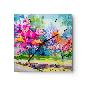 Ceas de perete - Ceas pe sticlă - Grădina curcubeului în splendoarea primăverii - 30x30 cm