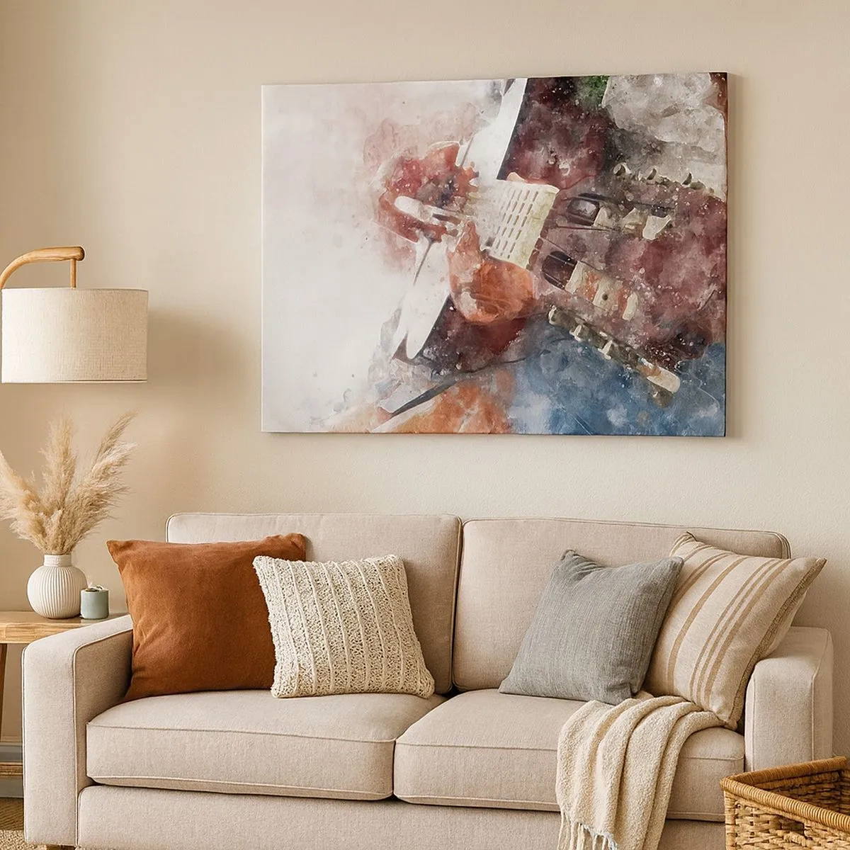 Tablou pe pânză Canvas - O abordare artistică a unei chitare în stil acuarelă - 70x50cm - Și ce părere ai? - Decorațiune modernă pentru perete pentru living și dormitor ARTTOR