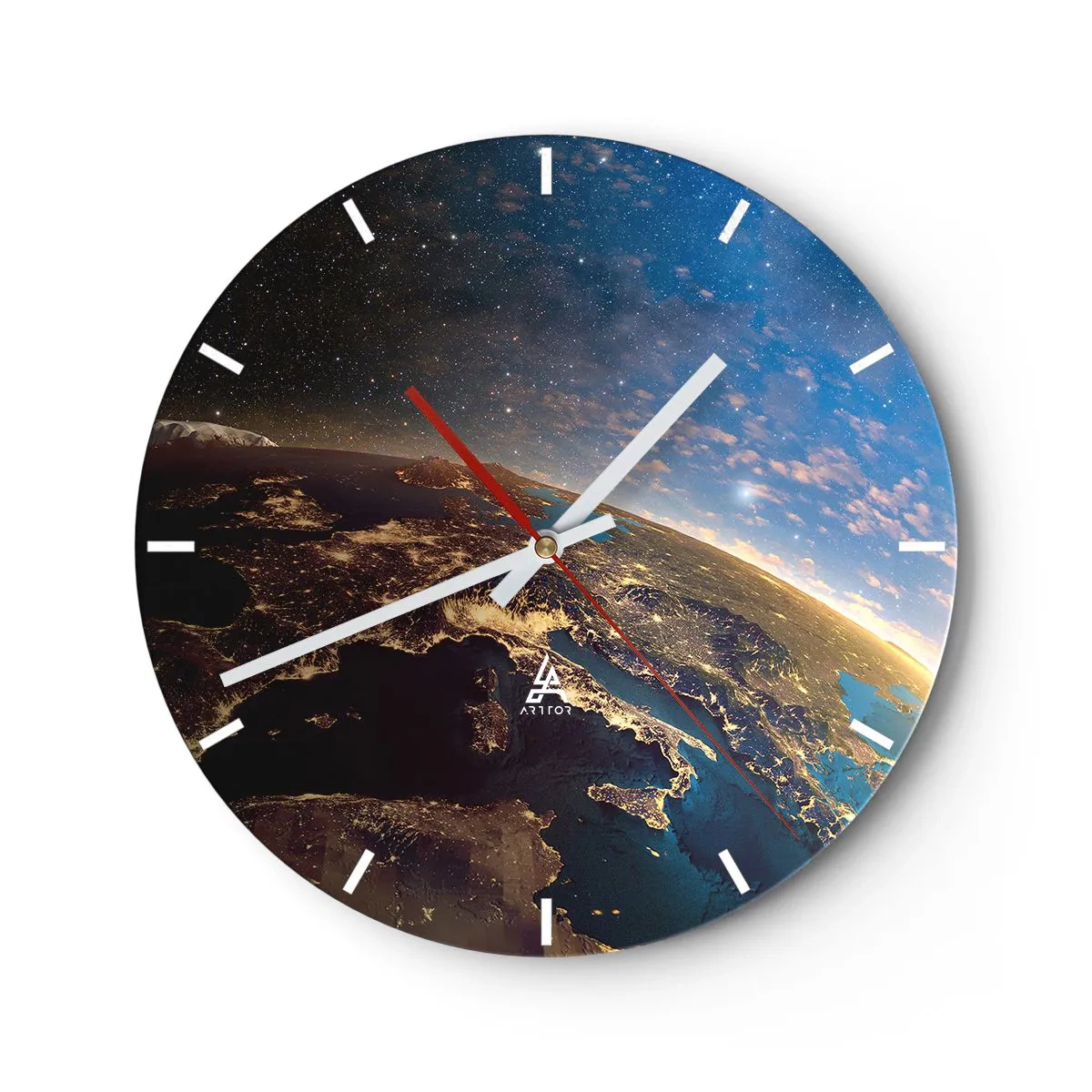 Ceas de perete - Ceas pe sticlă - Vedere a Pământului din spațiu cu continente iluminate - 30x30cm - Să ne privim de la distanță - Decorațiune modernă pentru perete pentru living, bucătărie și dormitor ARTTOR
