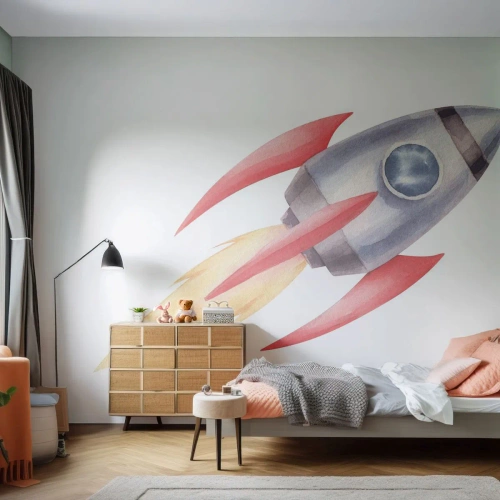 Tapet Standard Eco - O rachetă colorată în zbor pe un fundal alb - 100x70cm - Mai sus, mai repede, mai departe - Decorațiune modernă pentru perete pentru living și dormitor ARTTOR