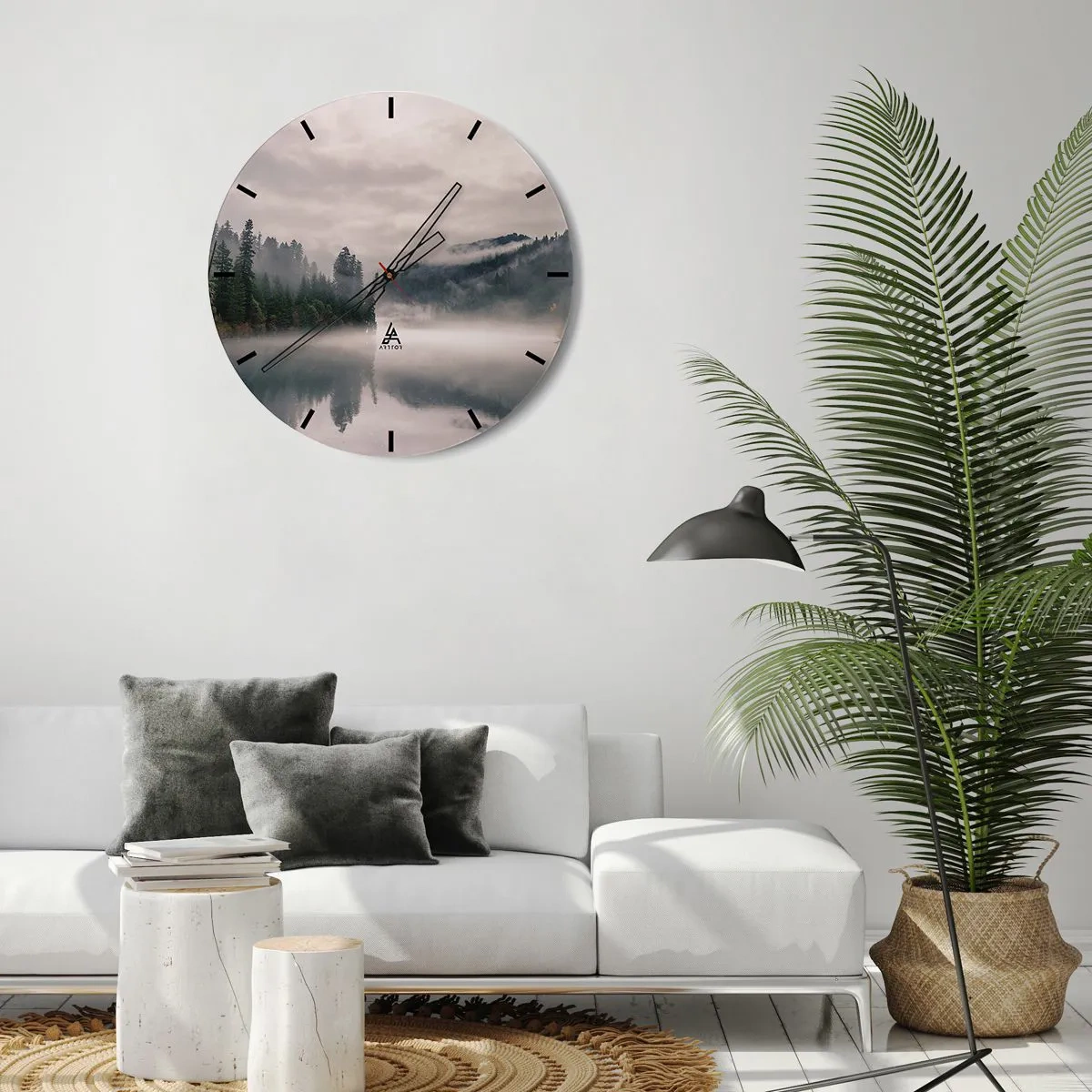 Ceas de perete - Ceas pe sticlă - Pădure cețoasă peste un lac liniștit dimineața - 30x30cm - În reverie, în ceață - Decorațiune modernă pentru perete pentru living, bucătărie și dormitor ARTTOR
