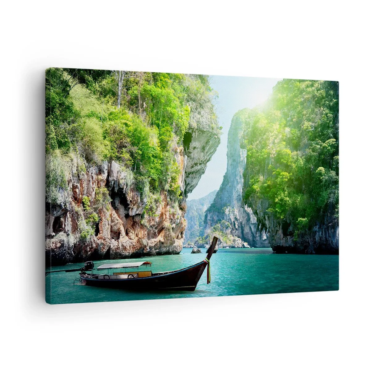 Tablou pe pânză Canvas - O barcă tradițională pe fundalul unor stânci tropicale și ape turcoaz - 70x50cm - Invitație la o călătorie exotică - Decorațiune modernă pentru perete pentru living și dormitor ARTTOR