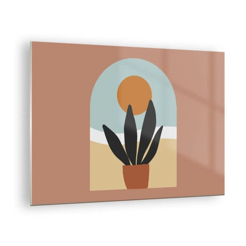 Tablou pe sticlă - O scenă abstractă cu o plantă în ghiveci și soarele în fundal, în culori pastelate. - 70x50cm - Bucurii mici - Decorațiune modernă pentru perete pentru living și dormitor ARTTOR