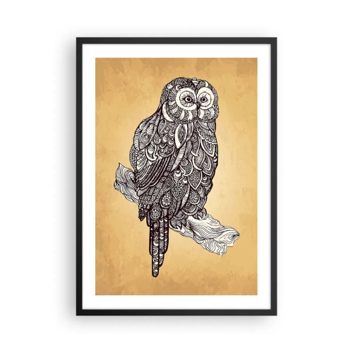 Poster în ramă neagră - O bufniță stilizată într-un model ornamental pe un fundal bej. - 50x70cm - Ornamente complicate de înțelepciune - Decorațiune modernă pentru perete pentru living și dormitor ARTTOR