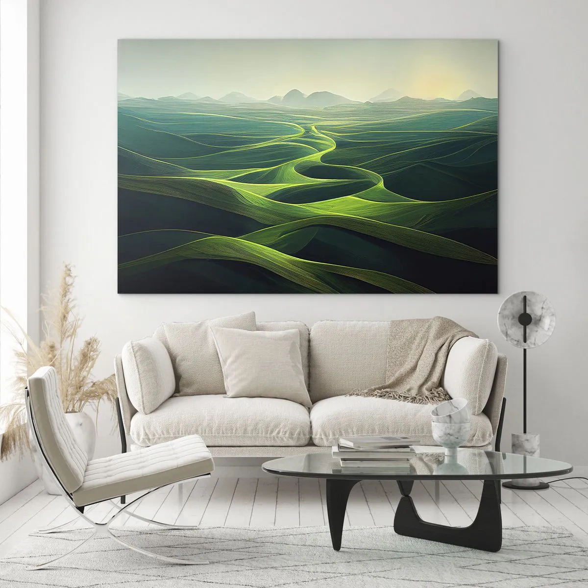 Tablou pe sticlă - Dealuri și văi verzi iluminate de razele soarelui - 70x50cm - În văi verzi - Decorațiune modernă pentru perete pentru living și dormitor ARTTOR