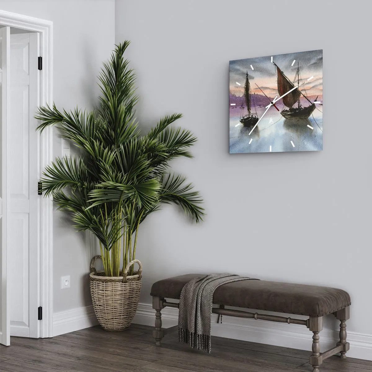 Ceas de perete - Ceas pe sticlă - O seară în port - 30x30 cm
