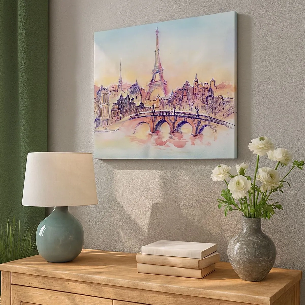 Tablou pe pânză Canvas - Panoramă în acuarelă a Parisului cu Turnul Eiffel la apus - 70x50cm - Singurul oraș de acest fel din lume - Decorațiune modernă pentru perete pentru living și dormitor ARTTOR