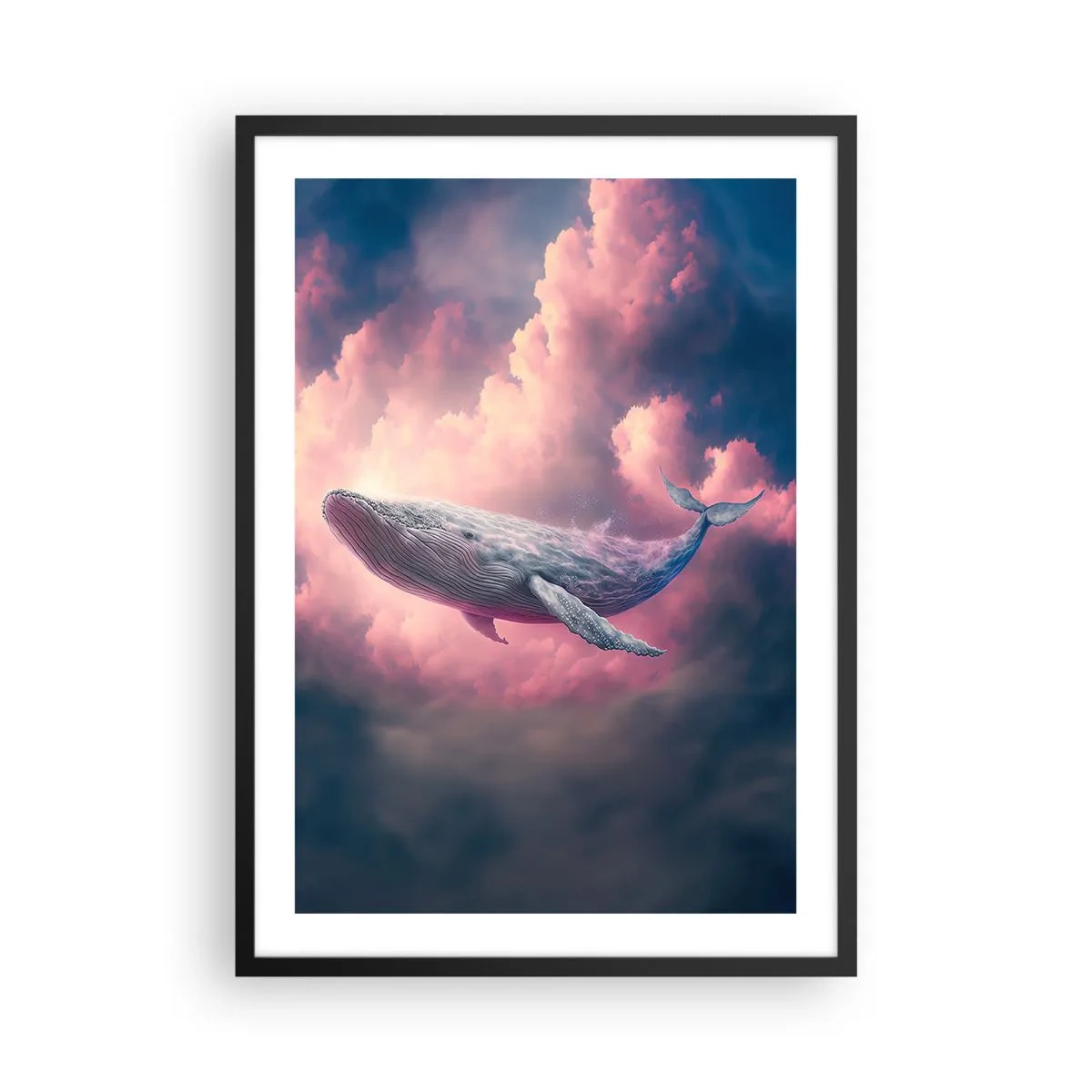 Poster în ramă neagră - O balenă zboară printre nori roz la apus. - 50x70cm - Șterge-ți ochii - Decorațiune modernă pentru perete pentru living și dormitor ARTTOR