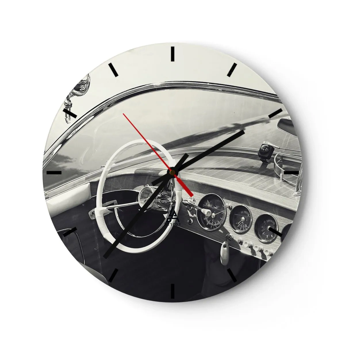 Ceas de perete - Ceas pe sticlă - Interiorul unei mașini clasice cu volan și bord - 30x30cm - E timpul pentru cei bogați - Decorațiune modernă pentru perete pentru living, bucătărie și dormitor ARTTOR