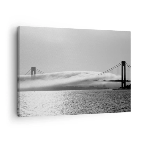 Tablou pe pânză Canvas - Un pod peste apă învăluit în ceață, într-o fotografie alb-negru - 70x50cm - Să trecem prin Golden Gate - Decorațiune modernă pentru perete pentru living și dormitor ARTTOR