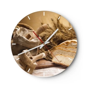 Ceas de perete - Ceas pe sticlă - Un sac de făină, pâine și spice de grâu în stil rustic - 30x30cm - Oprire violentă - Decorațiune modernă pentru perete pentru living, bucătărie și dormitor ARTTOR