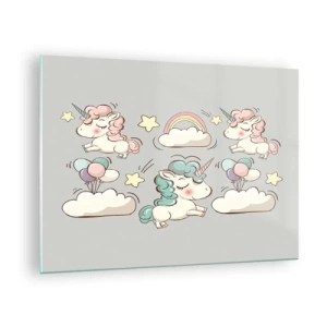 Tablou pe sticlă - Unicorni drăguți în nori cu curcubeu și baloane - 70x50cm - Există cu siguranță... - Decorațiune modernă pentru perete pentru living și dormitor ARTTOR
