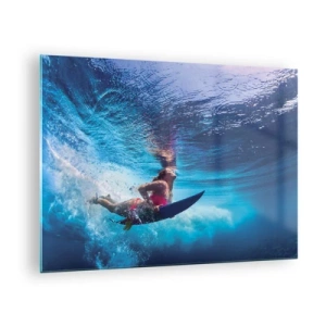 Tablou pe sticlă - O scenă subacvatică cu un surfer în acțiune dinamică - 70x50cm - Profunzimea bucuriei - Decorațiune modernă pentru perete pentru living și dormitor ARTTOR