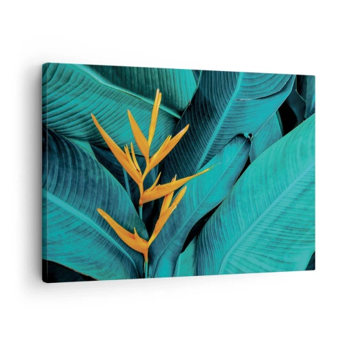Tablou pe pânză Canvas - O floare exotică pe un fundal de frunze de bananier în nuanțe de turcoaz. - 70x50cm - Floarea Edenului - Decorațiune modernă pentru perete pentru living și dormitor ARTTOR