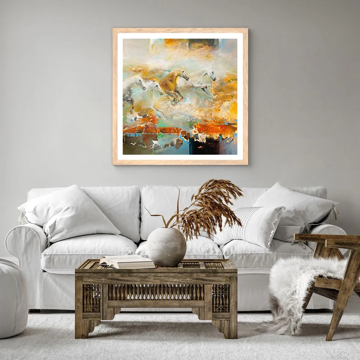 Poster în ramă de stejar deschis - Galopând prin lumină - 40x40 cm