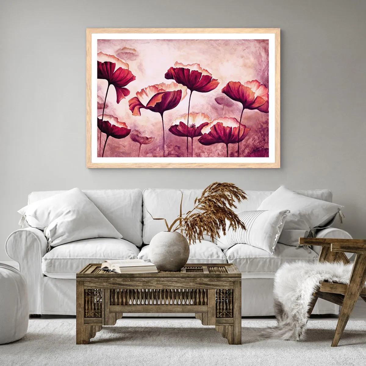 Poster în ramă de stejar deschis - Fulgi roșii și albi - 40x30 cm