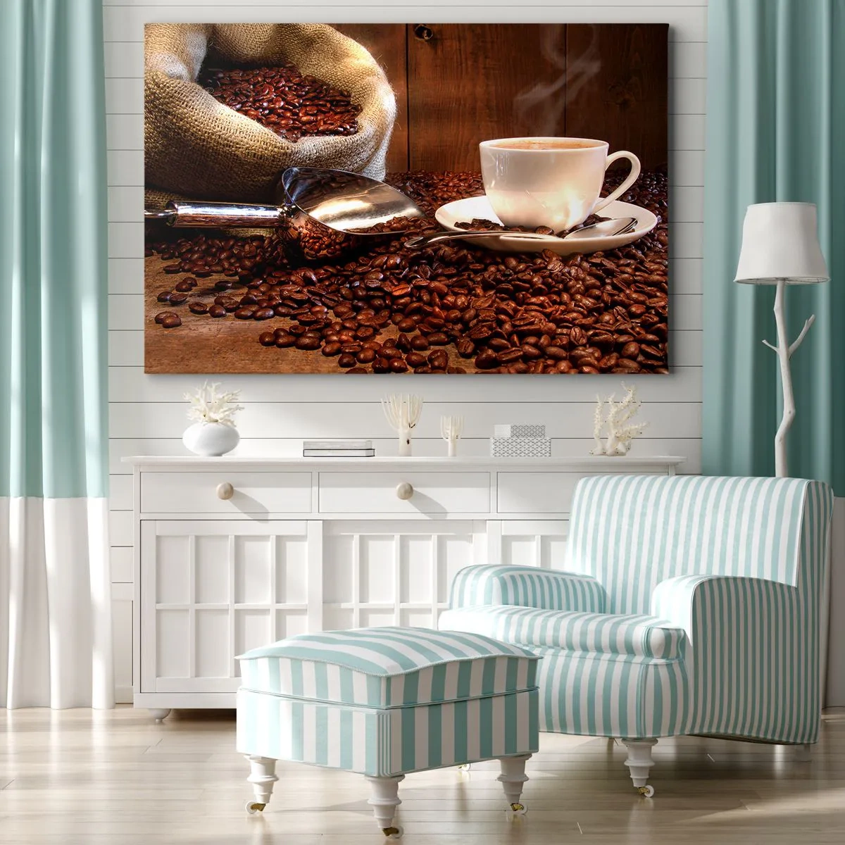 Tablou pe pânză Canvas - O ceașcă de cafea cu boabe de cafea și o pungă de cereale în fundal - 70x50cm - Poți să simți parfumul? - Decorațiune modernă pentru perete pentru living și dormitor ARTTOR