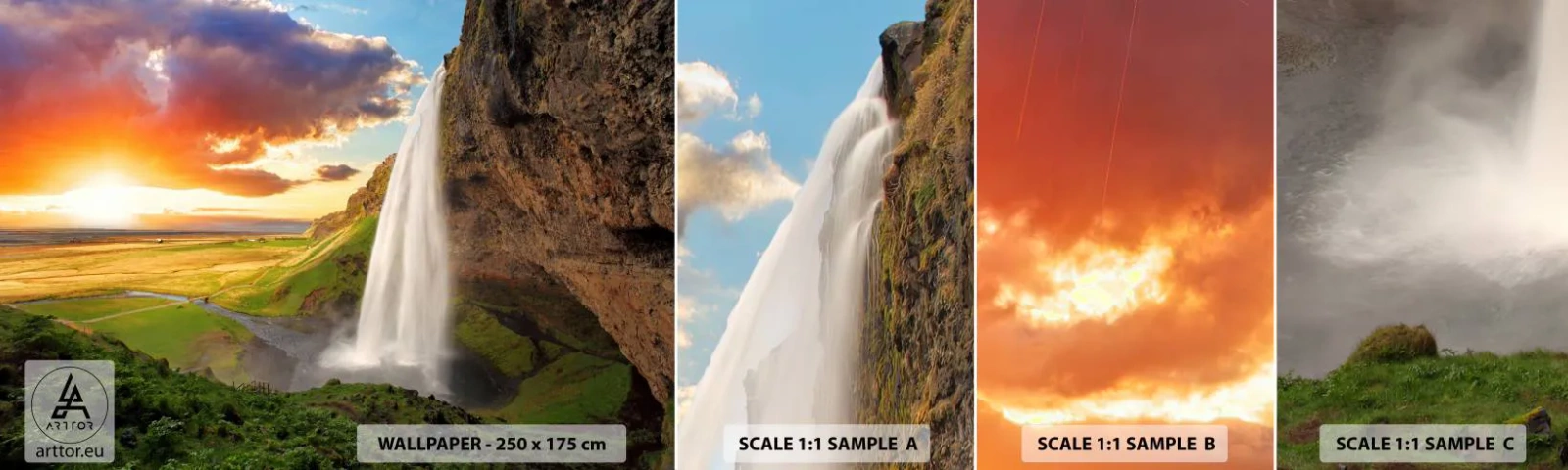 Mostră tapet autocolant Deluxe Sticker - Vara plină de Islanda - Peisaj, Cascadă, Islanda - 100x30 cm