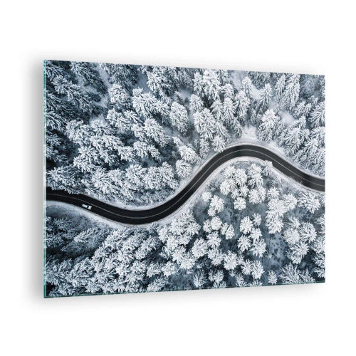 Tablou pe sticlă - Un drum șerpuitor printr-o pădure de iarnă văzut dintr-o dronă - 70x50cm - Prin pădurea de iarnă - Decorațiune modernă pentru perete pentru living și dormitor ARTTOR