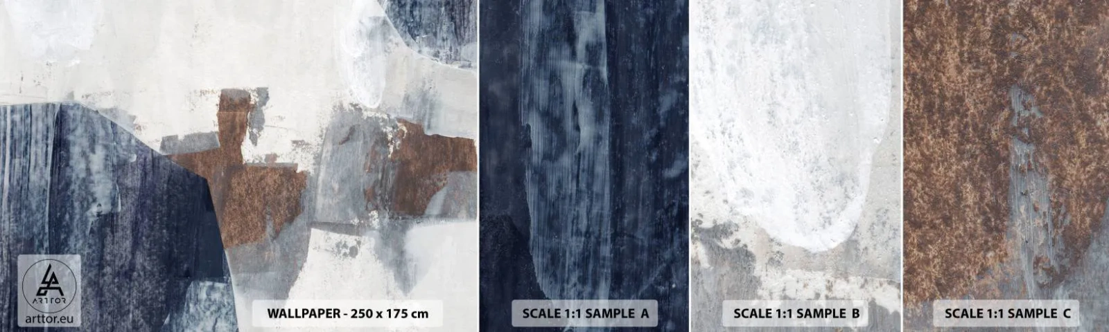 Mostră tapet autocolant Deluxe Sticker - Forme albastre-maronii - Bucată, Abstracția, Minimalism - 100x30 cm