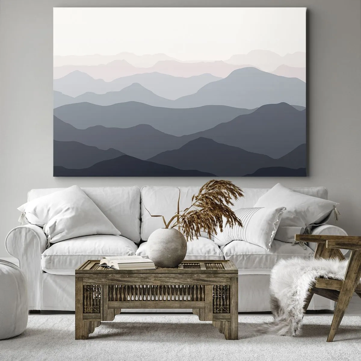 Tablou pe pânză Canvas - Straturi subtile de munte în nuanțe de gri și albastru - 70x50cm - Valuri de munți - Decorațiune modernă pentru perete pentru living și dormitor ARTTOR