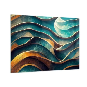 Tablou pe sticlă - Linii dinamice în albastru și cupru care creează valuri - 70x50cm - Meandre de albastru - Decorațiune modernă pentru perete pentru living și dormitor ARTTOR