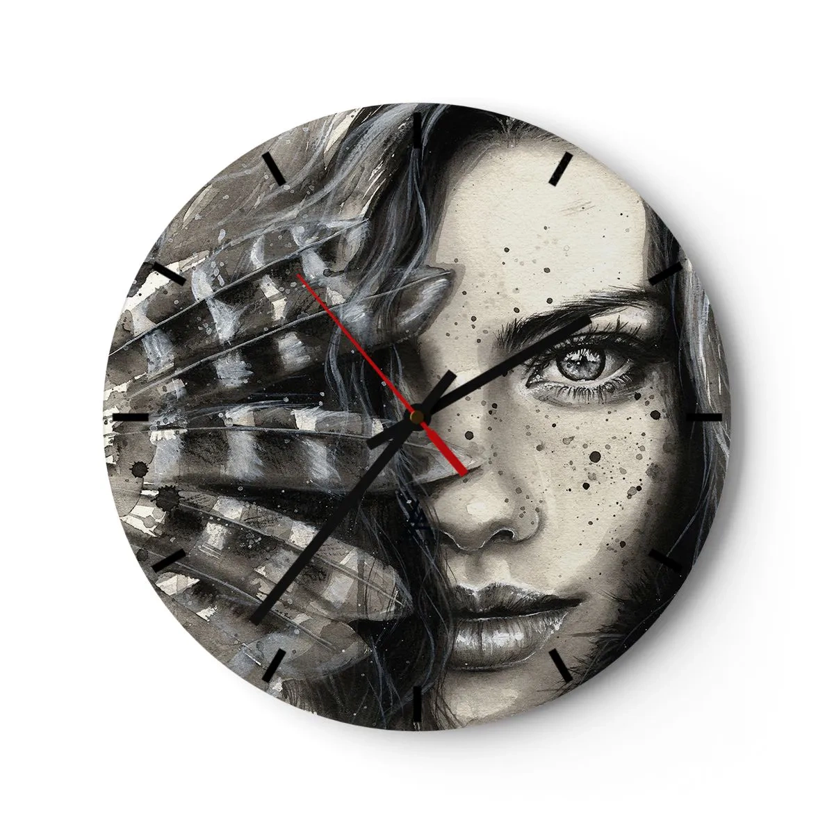 Ceas de perete - Ceas pe sticlă - Portretul unei femei cu efect artistic de pensulare - 30x30cm - Frumusețe sălbatică - Decorațiune modernă pentru perete pentru living, bucătărie și dormitor ARTTOR