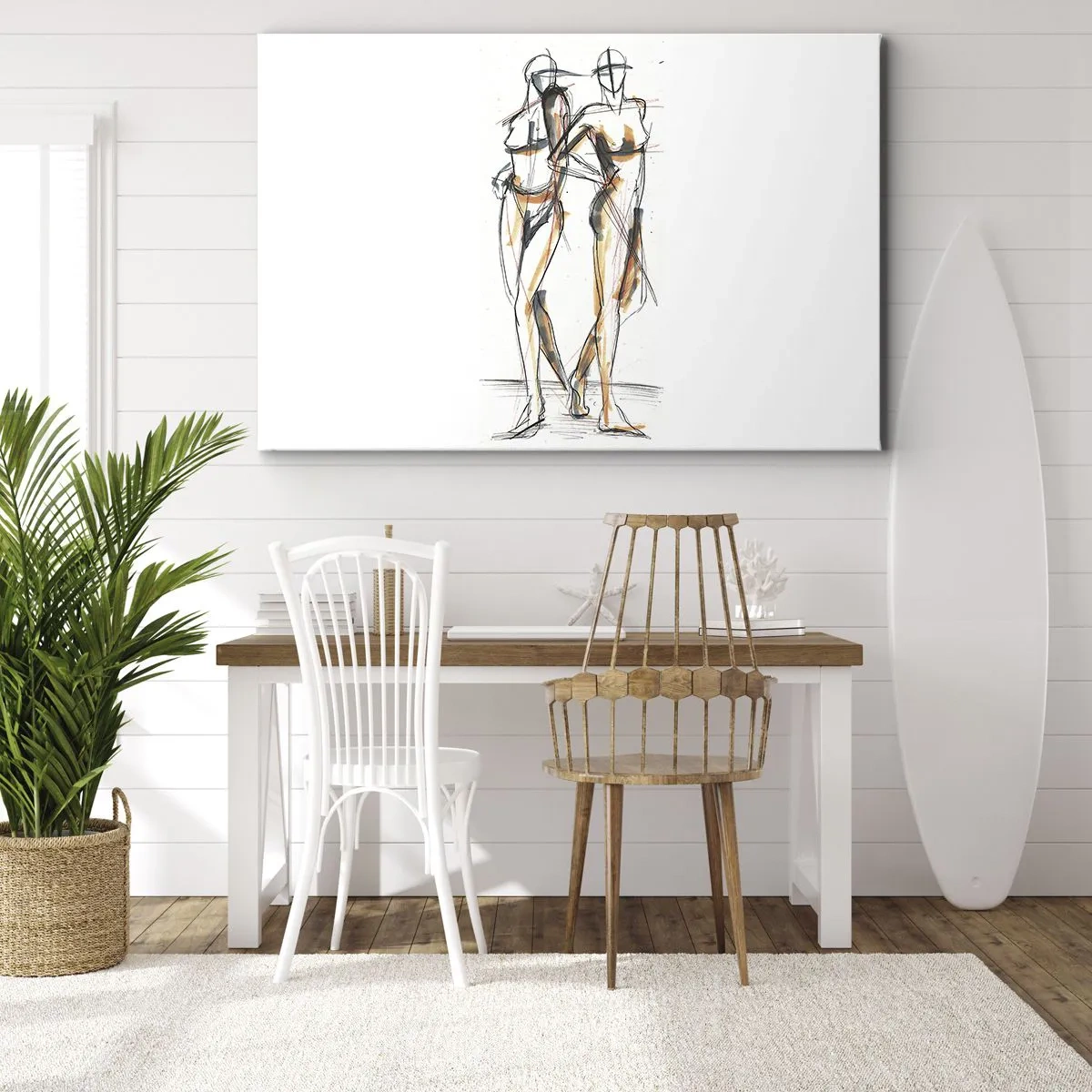 Tablou pe pânză Canvas - Schiță artistică a două siluete pe un fundal alb - 70x50cm - Un studiu de farmec - Decorațiune modernă pentru perete pentru living și dormitor ARTTOR