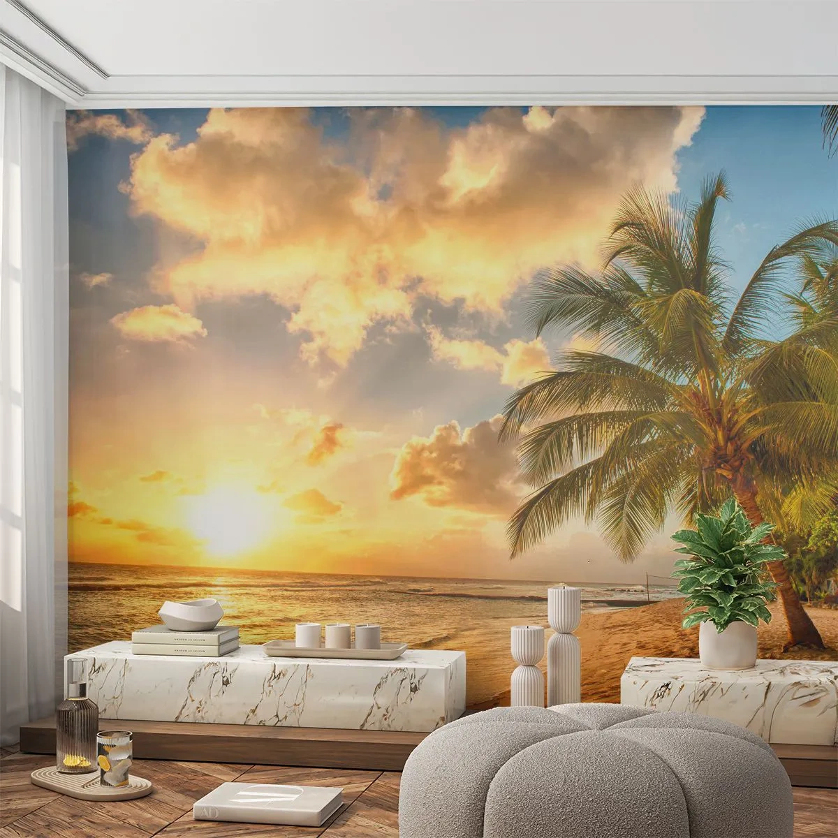 Tapet Premium Canvas - Vară eternă, întotdeauna o vacanță - Peisaj, plajă, Palmier de nuca de cocos - 350x256 cm