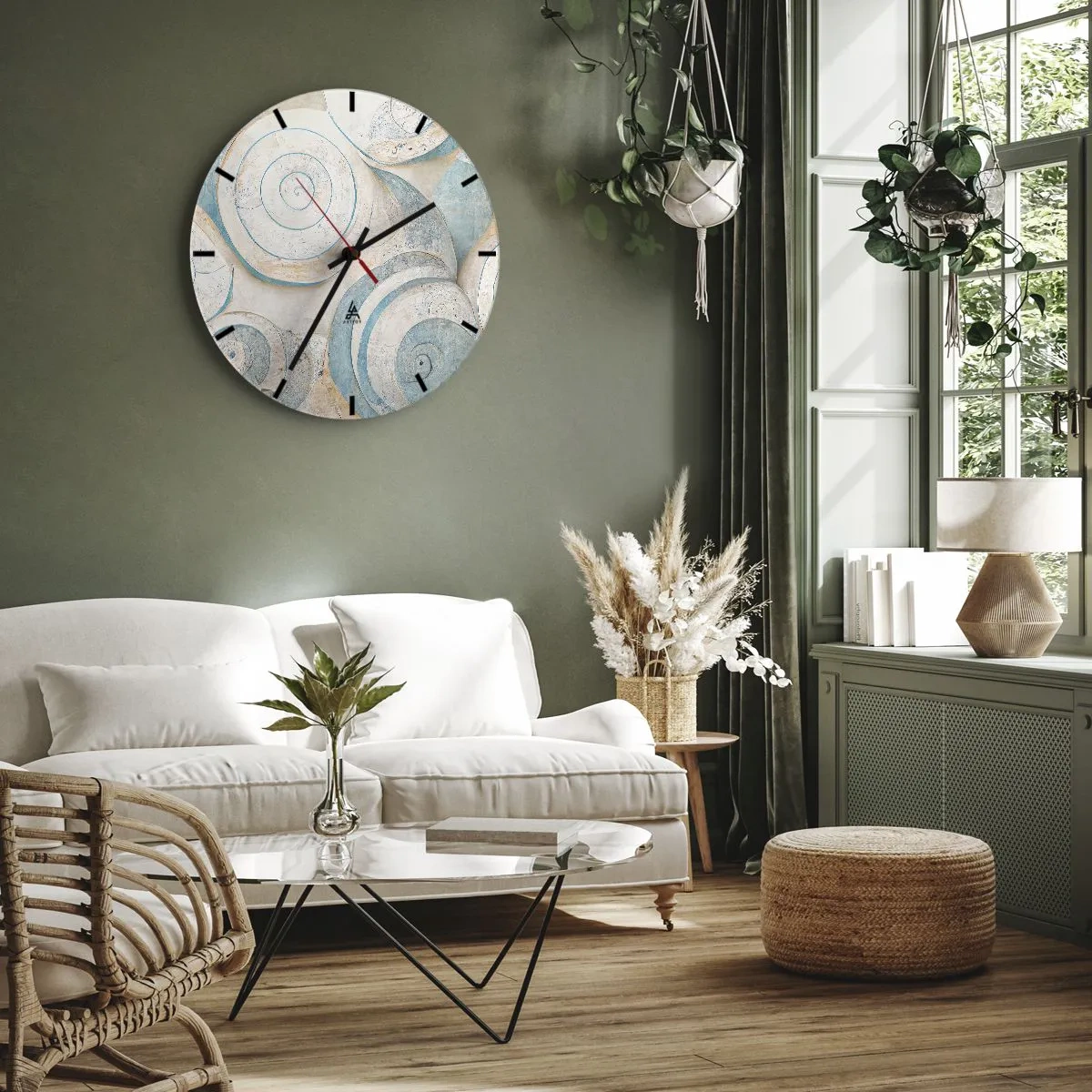 Ceas de perete - Ceas pe sticlă - Spirale artistice în stil scoici în nuanțe de albastru și bej - 30x30cm - Ce ascunde cochilia? - Decorațiune modernă pentru perete pentru living, bucătărie și dormitor ARTTOR